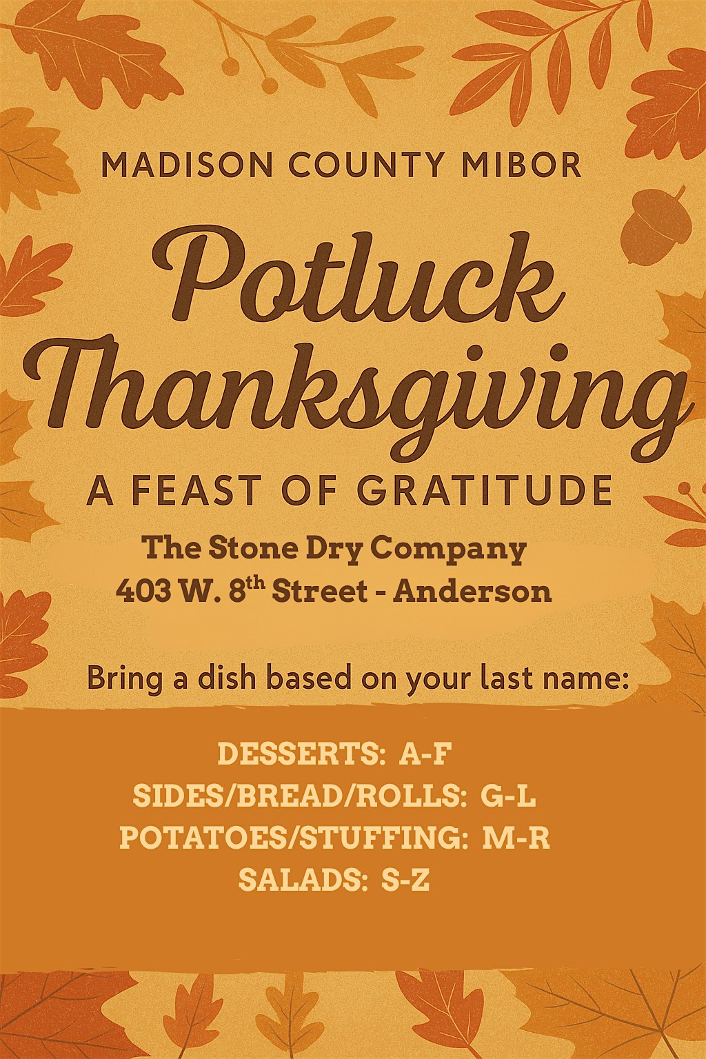 Madison County MIBOR Potluck Thanksgiving! at The Stone Dry Company – Anderson, IN
