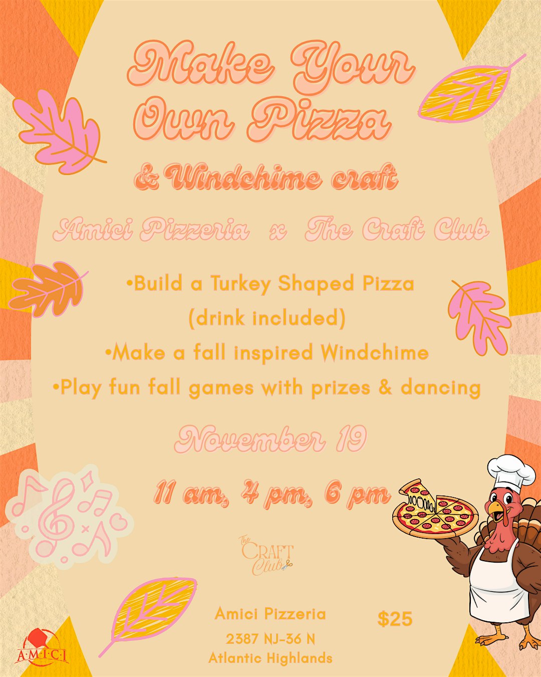 4PM TIME SLOT: Make Your Own Turkey Shaped Pizza + Windchime Craft at Amici Pizzeria – Atlantic Highlands, NJ
