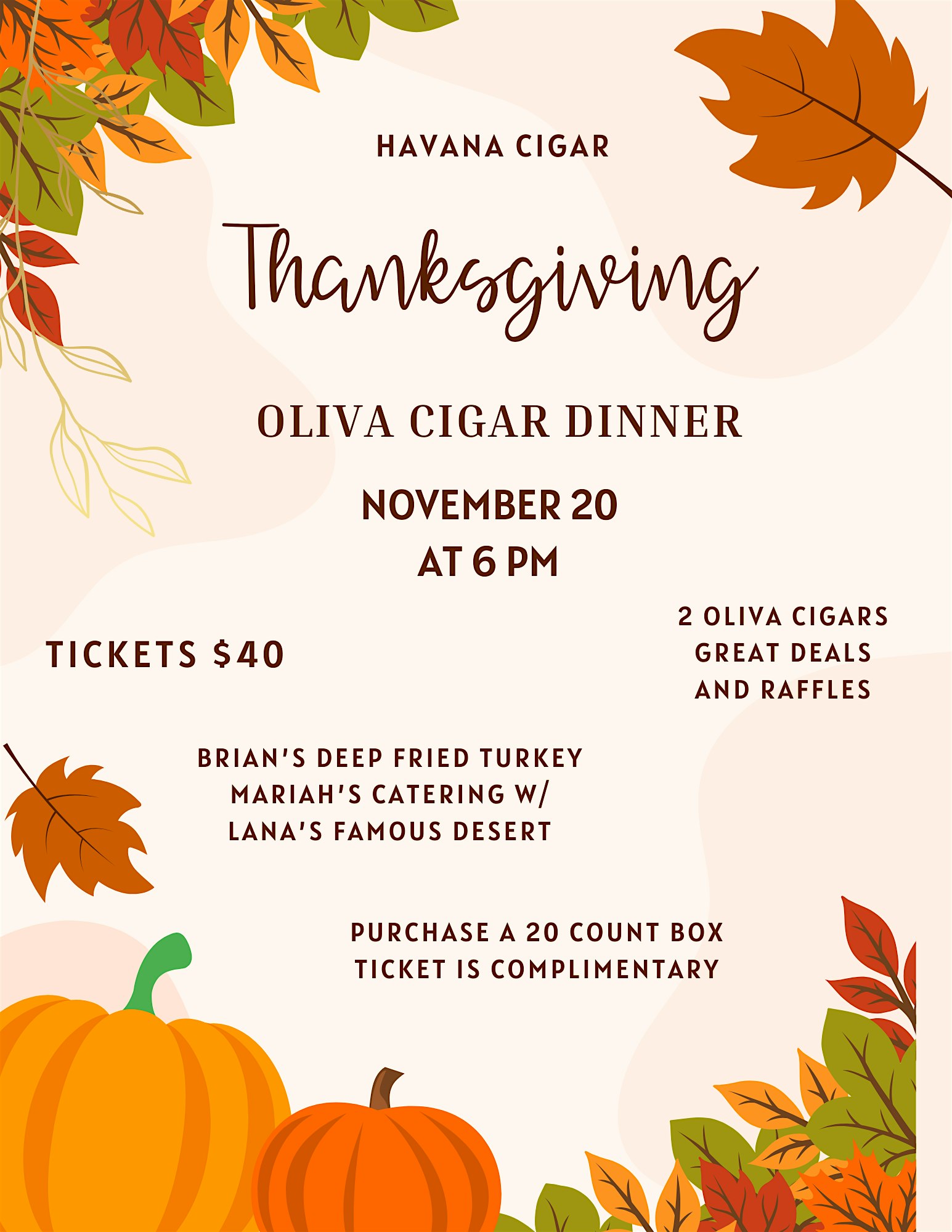 Oliva Thanksgiving Cigar Dinner at Havana Cigar – Warwick, RI