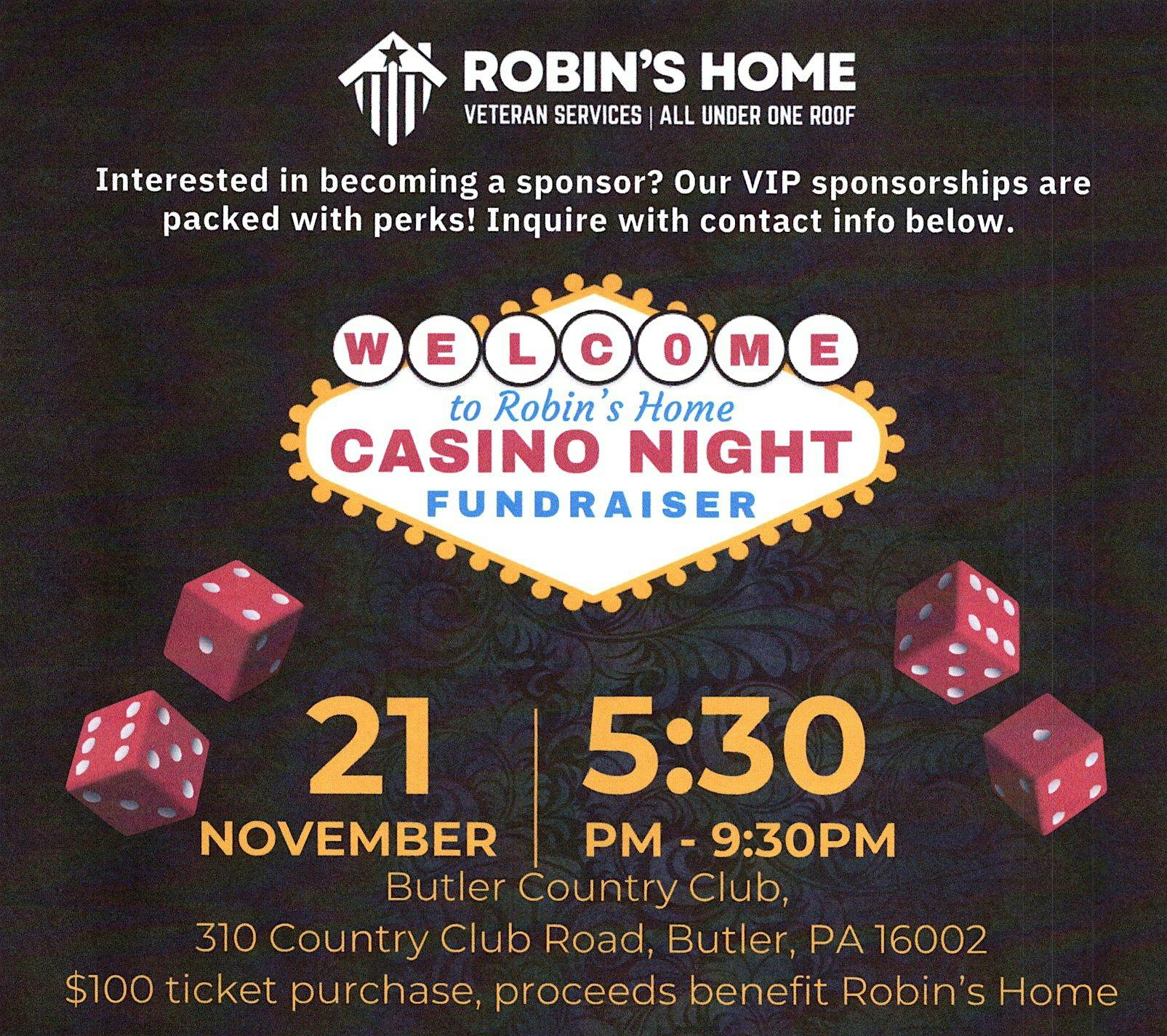 Robin’s Home Casino Night Fundraiser at 310 Country Club Road – Butler, PA