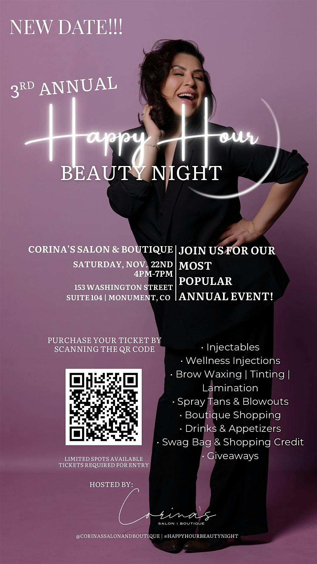 NEW DATE! 3rd Annual Happy Hour Beauty Night at Corina’s! at Corina’s Salon & Boutique, Washington Street, Monument, CO, USA – Monument, CO