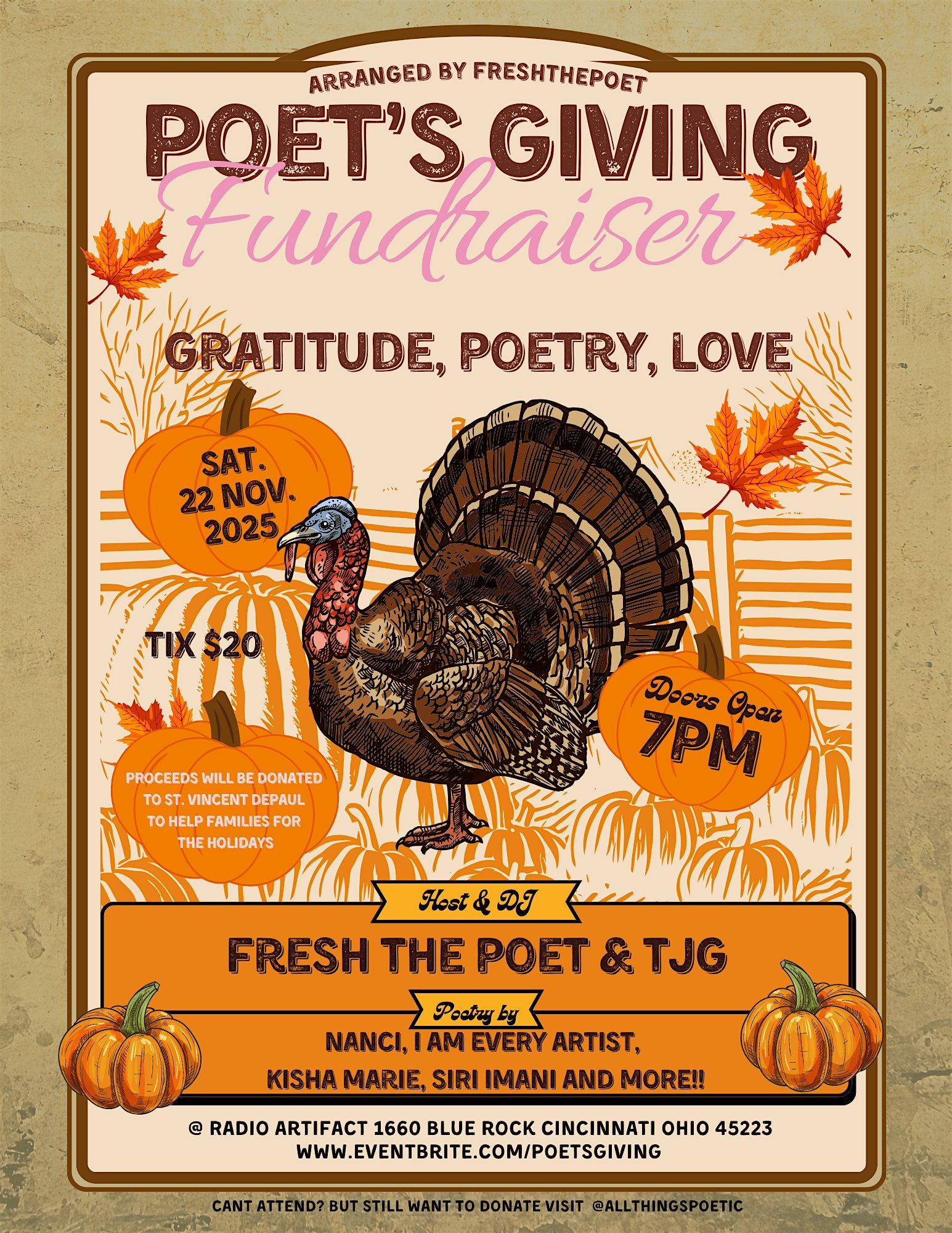 Poet’s Giving Fundraiser at 1660 Blue Rock St – Cincinnati, OH