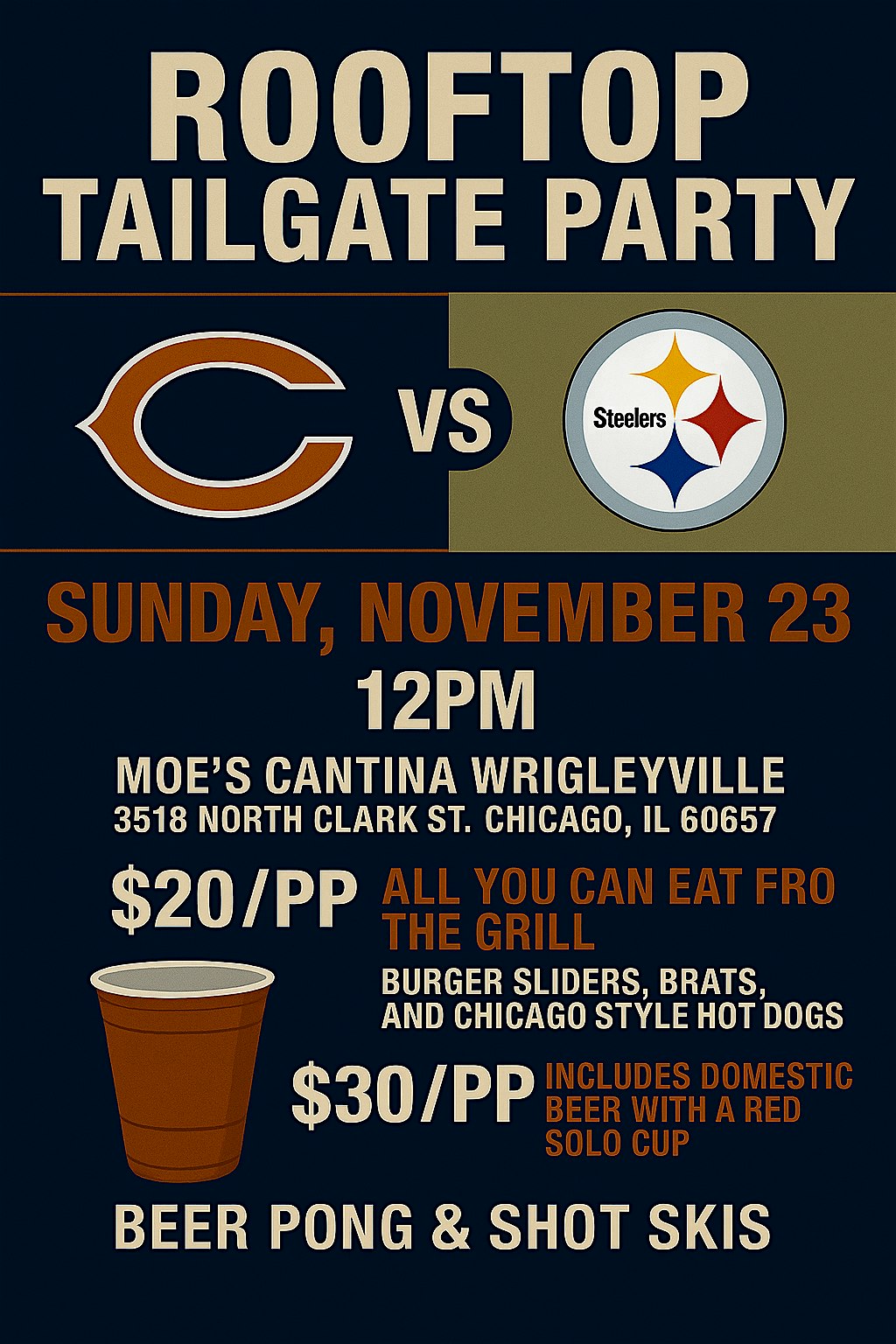 Rooftop Tailgate Party: Bears vs. Steelers at Moe’s Cantina – Wrigleyville – Chicago, IL