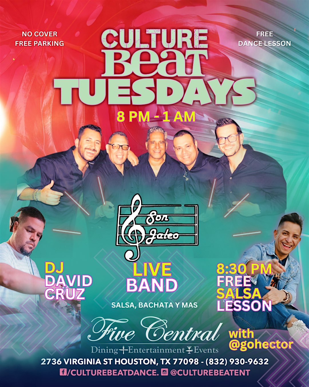 CULTURE BEAT TUESDAYS at FIVE CENTRAL , Salsa y Bachata, Free Lesson at Five Central – Houston, TX