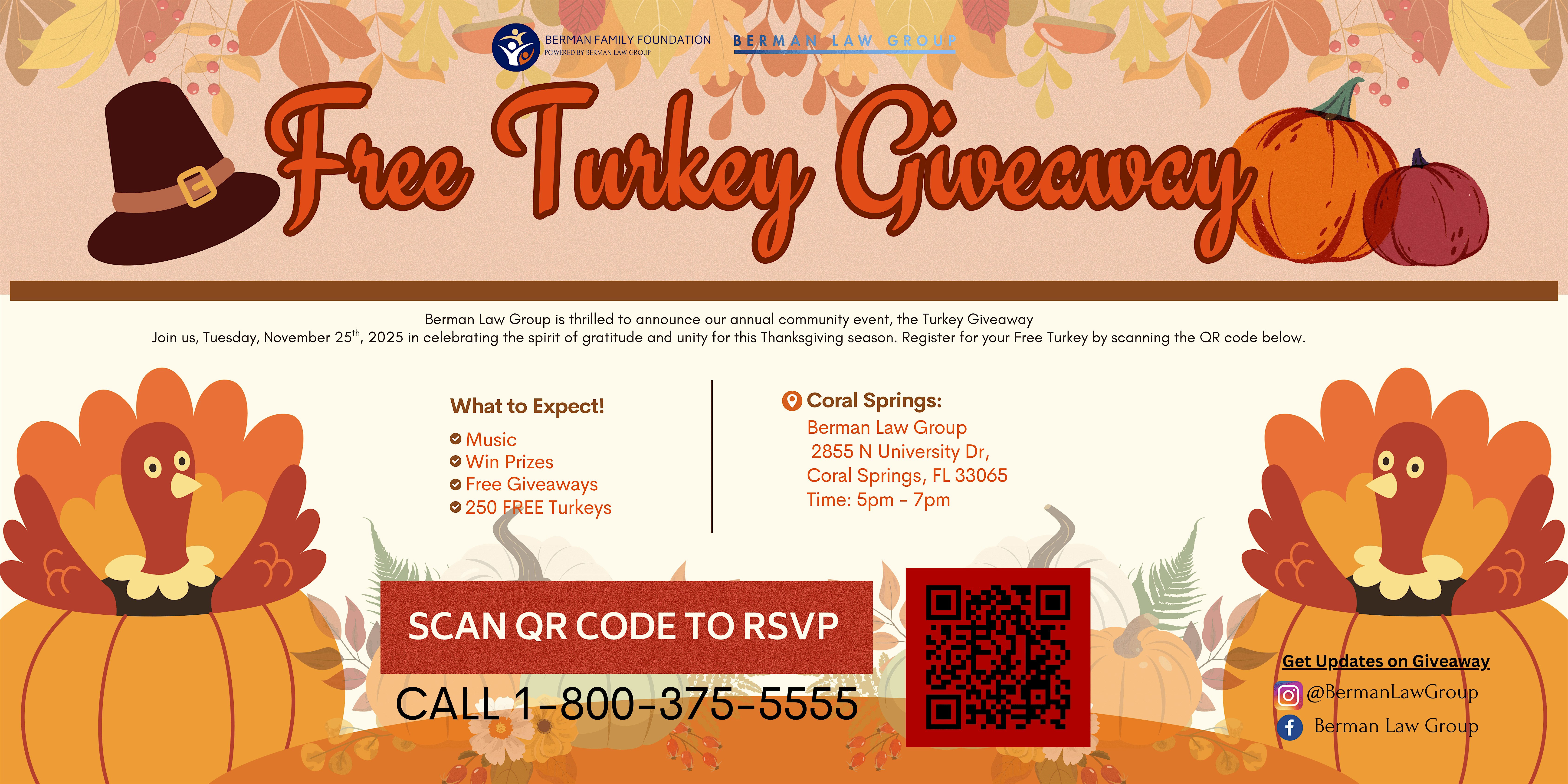 Berman Law Group’s Free Turkey Giveaway at 2855 N University Dr – Coral Springs, FL