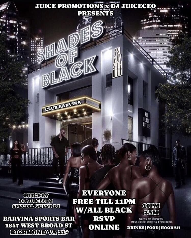 3rd Annual All Black Everything LIVE at BARVINA SPORTS BAR 21+ at 1847 W Broad St – Richmond, VA