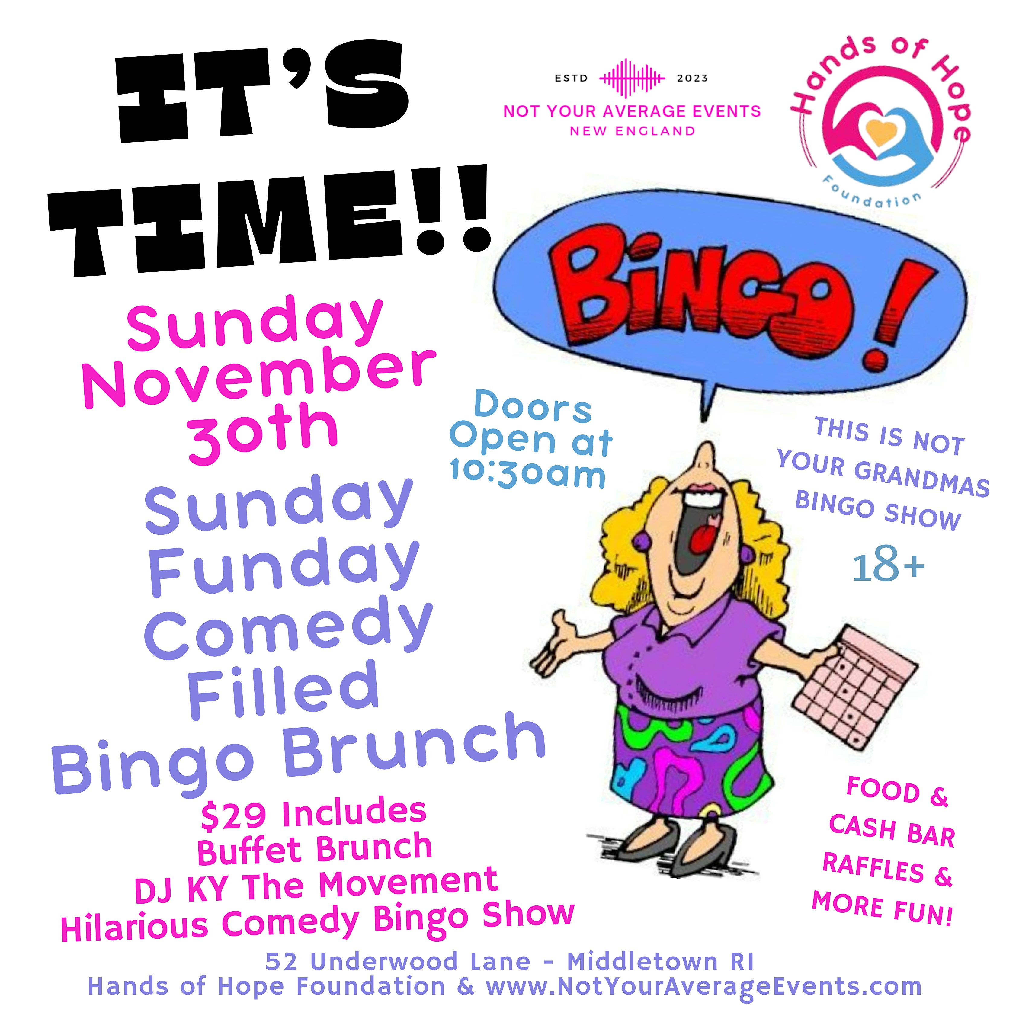 Not Your Grandma’s Comedy Bingo Brunch on Aquidneck Island at 52 Underwood Ln – Middletown, RI