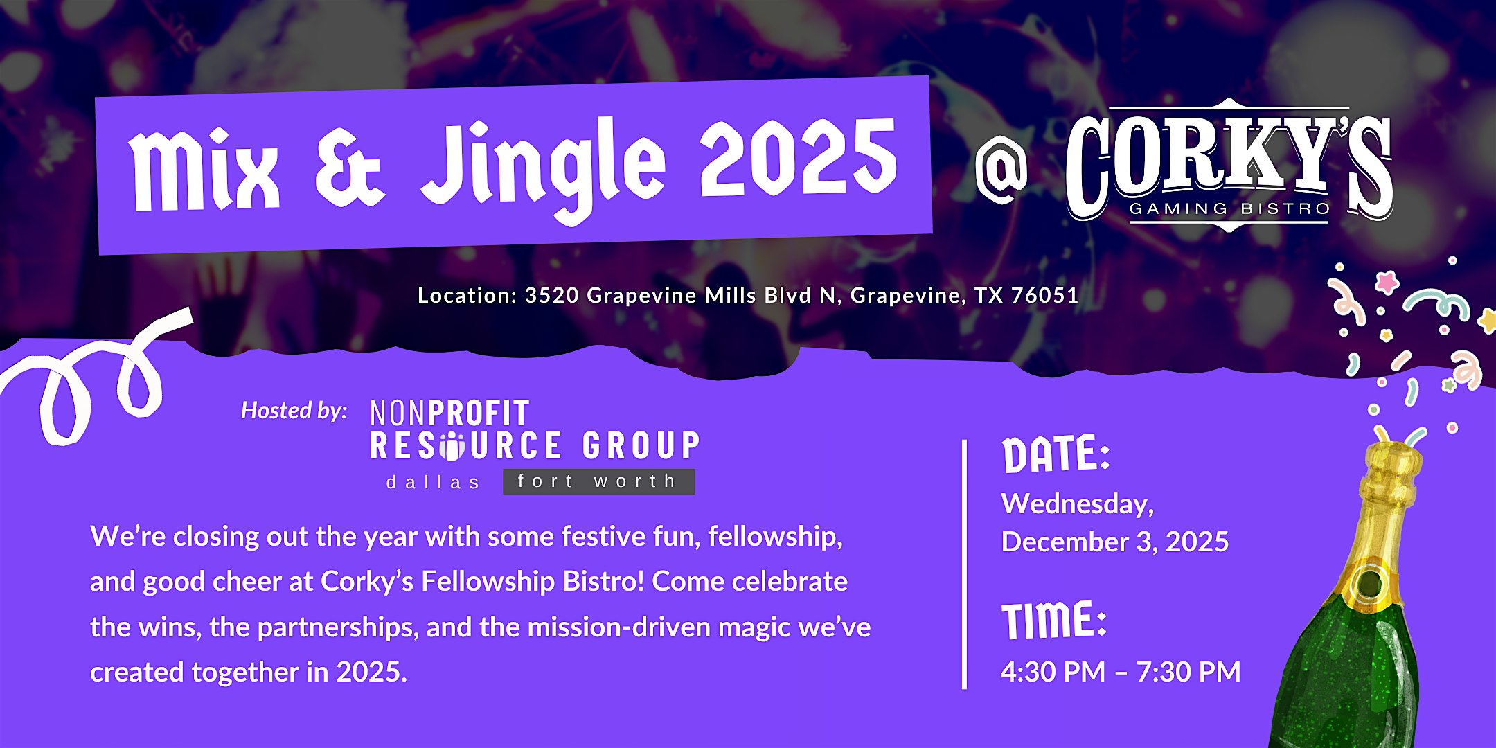 DFW Nonprofit Resource Group’s Mix & Jingle 2025 at Corky’s Gaming Bistro – Grapevine, TX