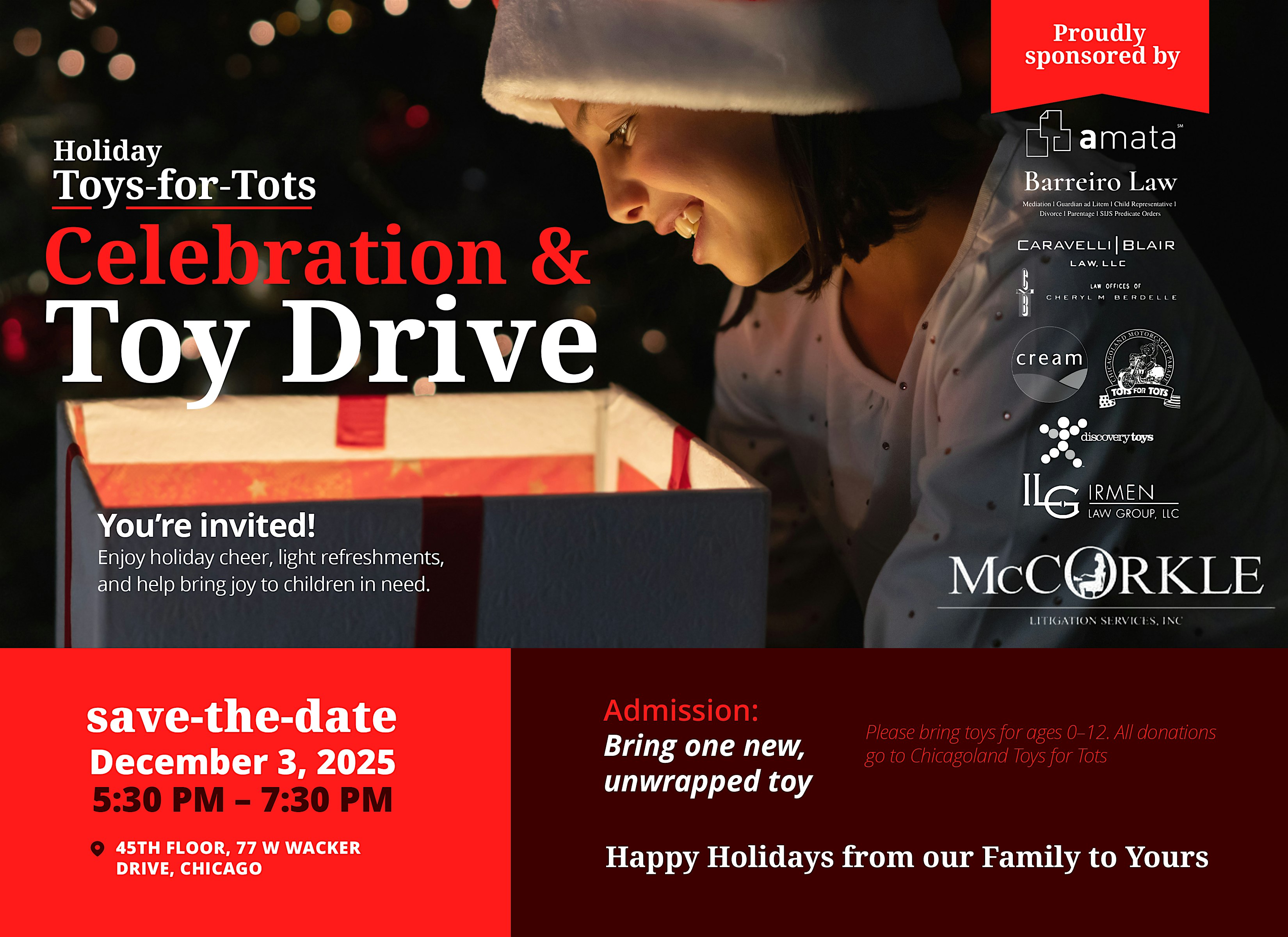 Holiday Toys for Tots Celebration & Toy Drive at 77 W Wacker Dr 45th floor – Chicago, IL