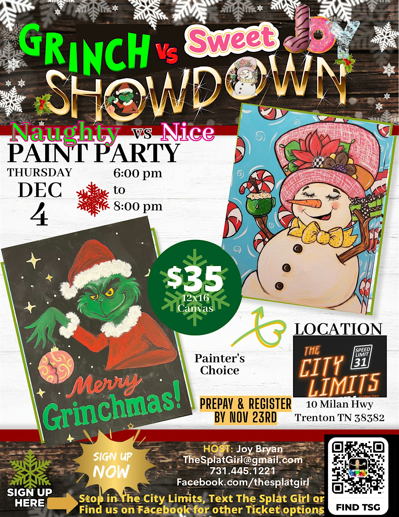 Grinch vs Sweet Joy Showdown! Paint & Sip at The City Limits Bar and Grill, Milan Highway, Trenton, TN, USA – Trenton, TN