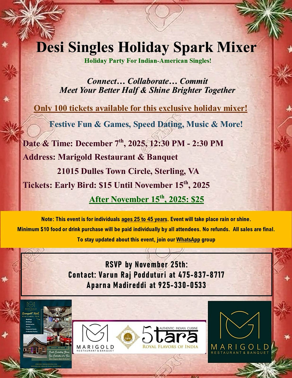 Desi Singles Holiday Spark Mixer at Marigold Restaurant & Banquet – Sterling, VA