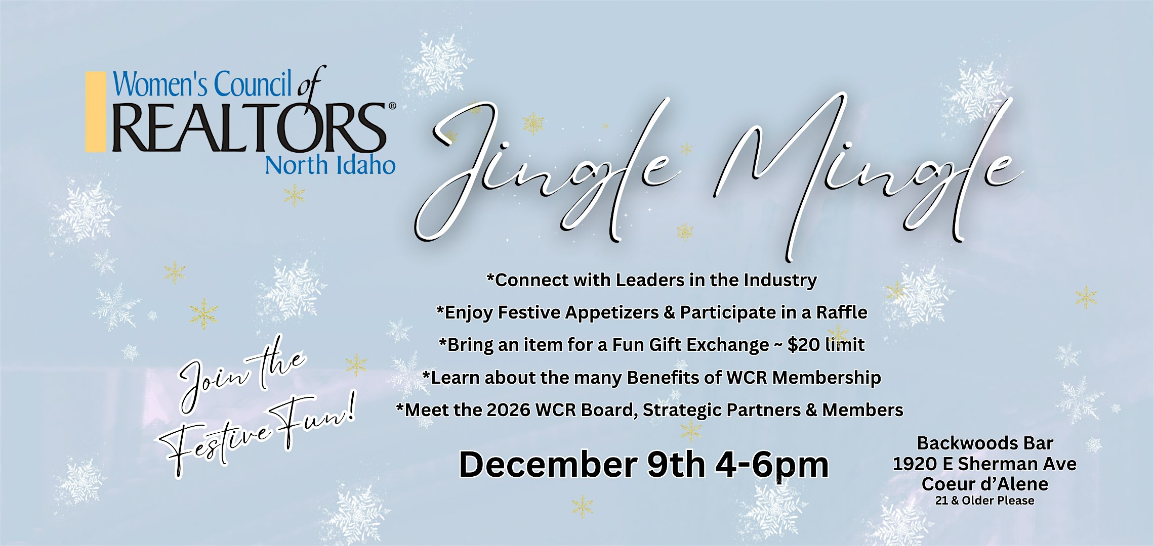 Jingle Mingle ~ Membership Event at Backwoods Bar – Coeur d’Alene, ID