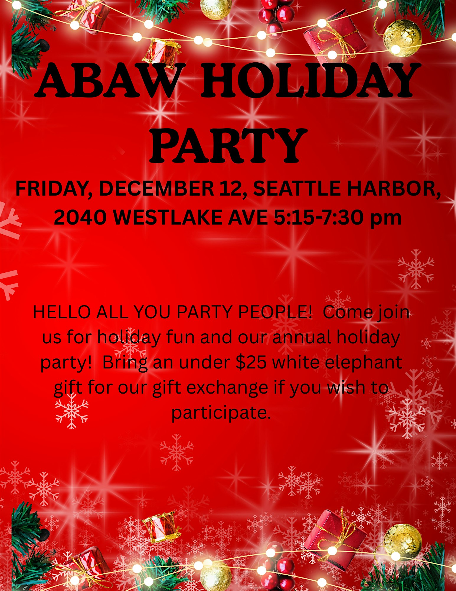 ABAW ANNUAL HOLIDAY PARTY AND MEMBERSHIP MEETING at Seattle Harbor Restaurant – Seattle, WA