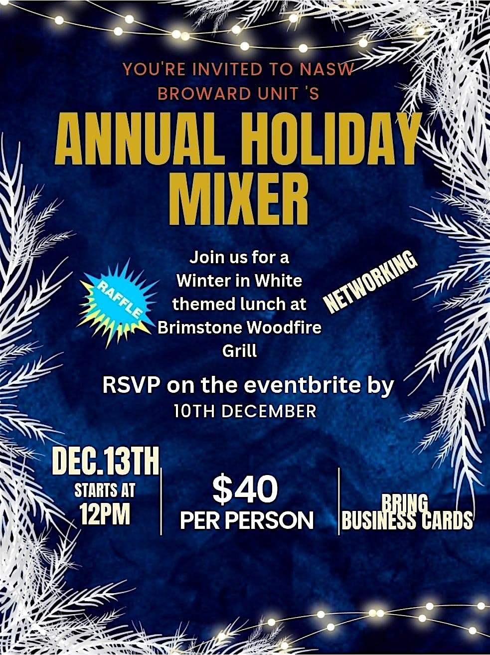 Broward Unit NASW-Annual Holiday Mixer at Brimstone Woodfire Grill – Pembroke Pines, FL