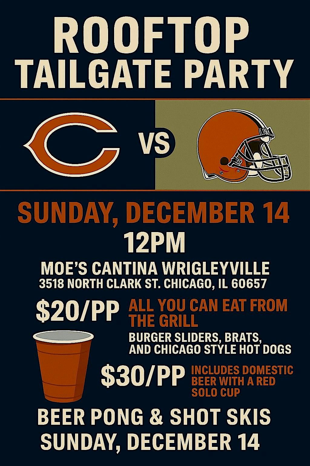 Rooftop Tailgate Party: Bears vs. Cleveland Browns at Moe’s Cantina – Wrigleyville – Chicago, IL