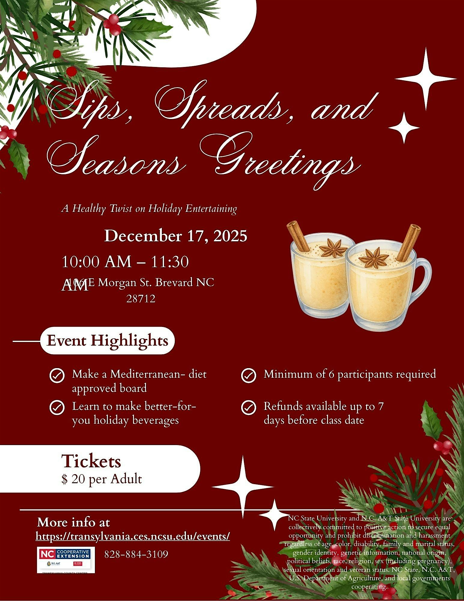 Sips, Spreads and Seasons Greetings at N.C. Cooperative Extension – Transylvania County Center – Brevard, NC