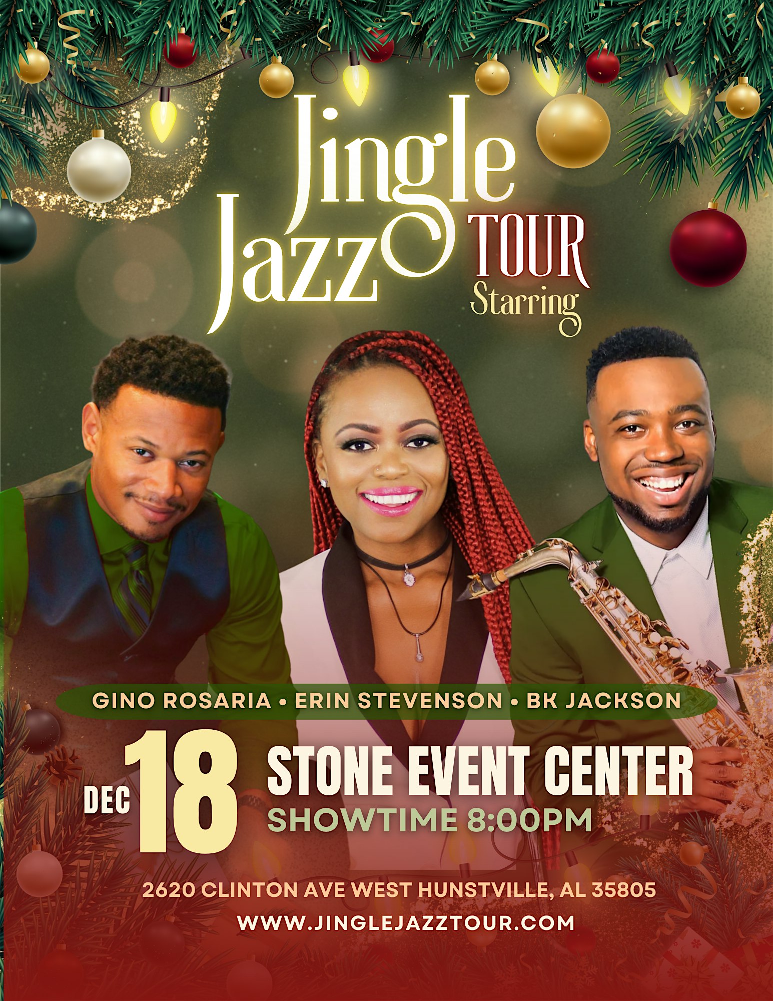 Jingle Jazz Tour featuring BK Jackson, Erin Stephenson and Gino Rosaria at Huntsville Botanical Garden, Isenburg Grand Hall – Huntsville, AL