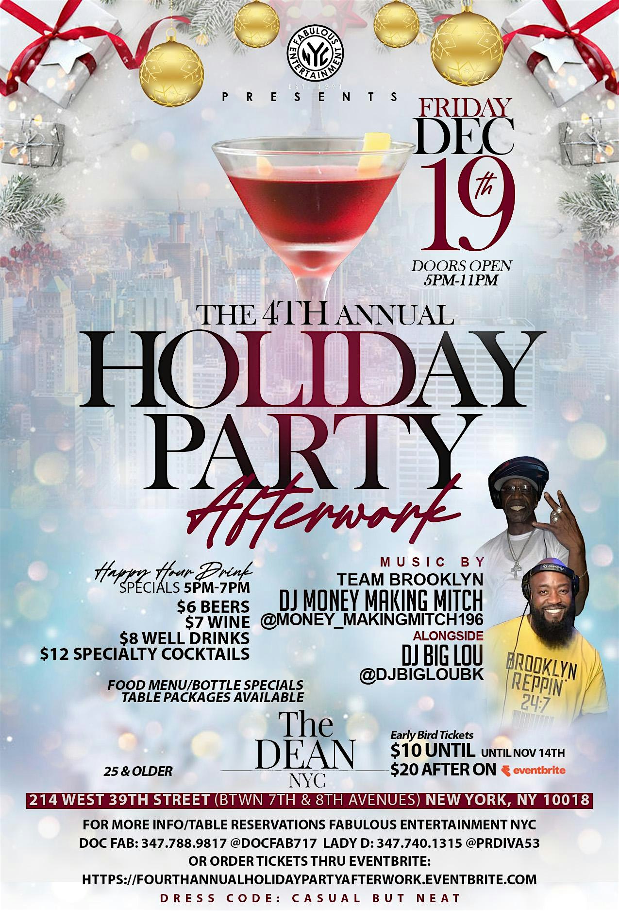 4th Annual Holiday Party Afterwork Fri Dec 19th 5pm-11pm @ The Dean NYC at The Dean NYC – New York, NY