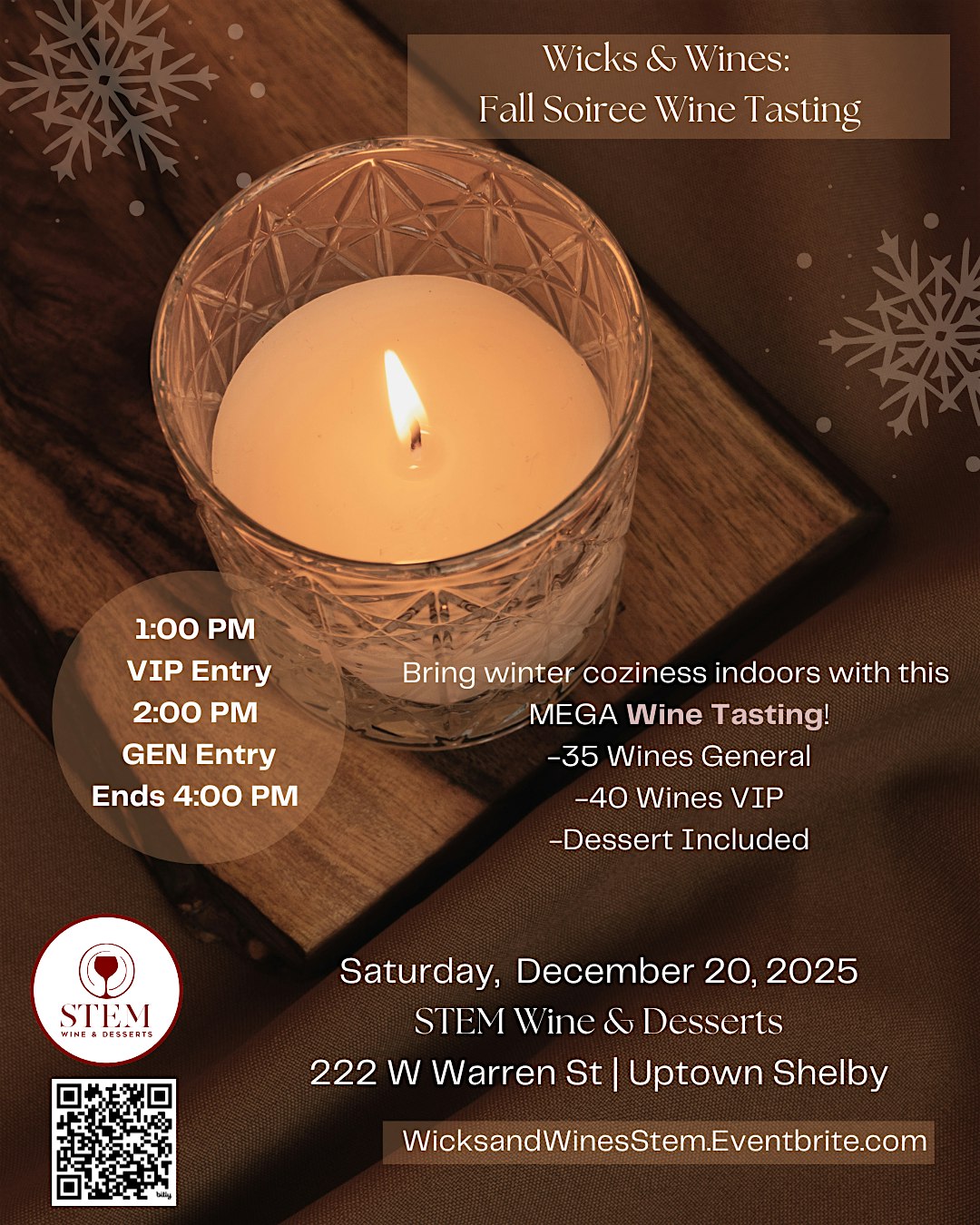 Wicks & Wines Winter Soiree- Wine Tasting at STEM Wine & Desserts – Shelby, NC