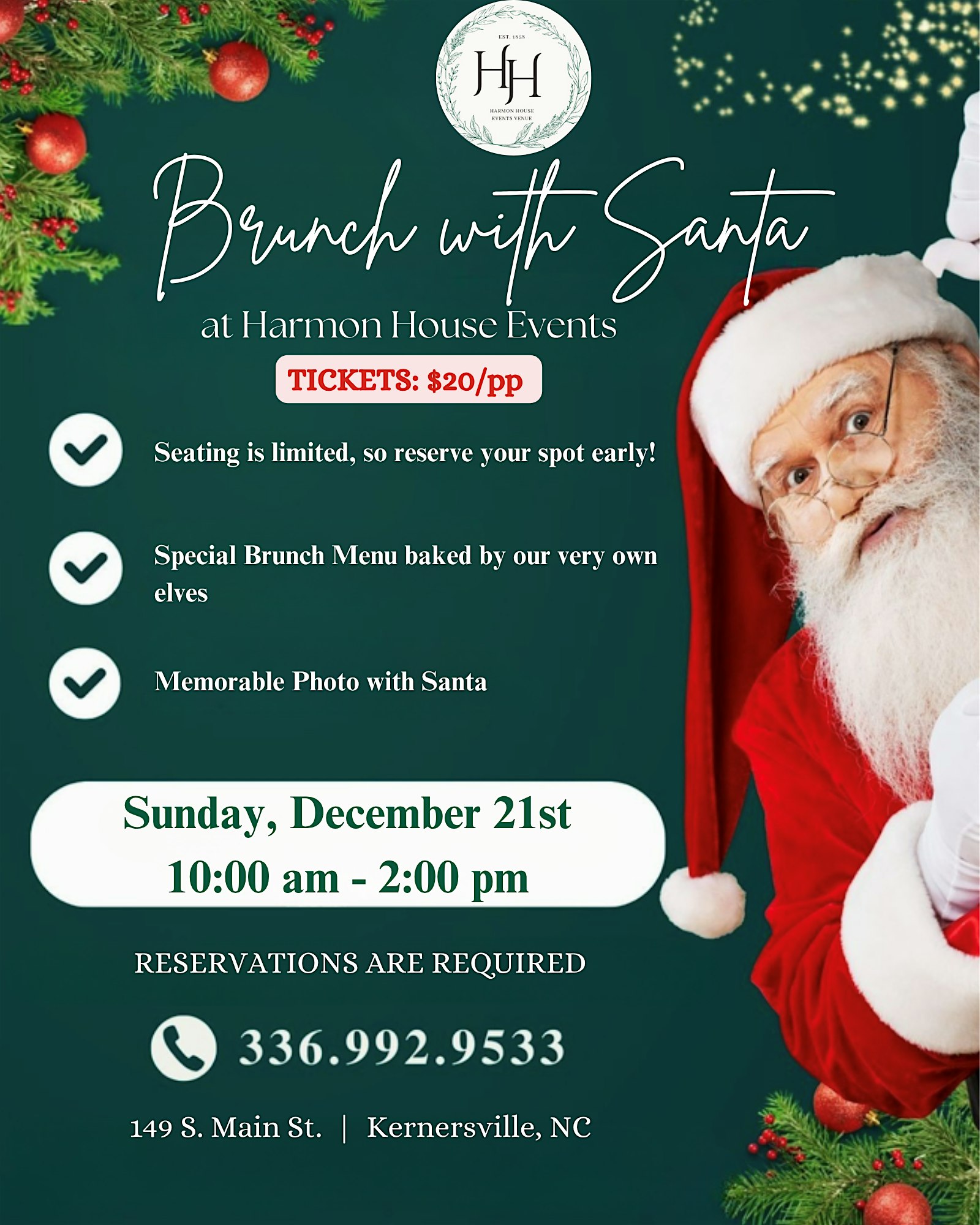 Brunch with Santa at Harmon House Events at 149 S Main St – Kernersville, NC