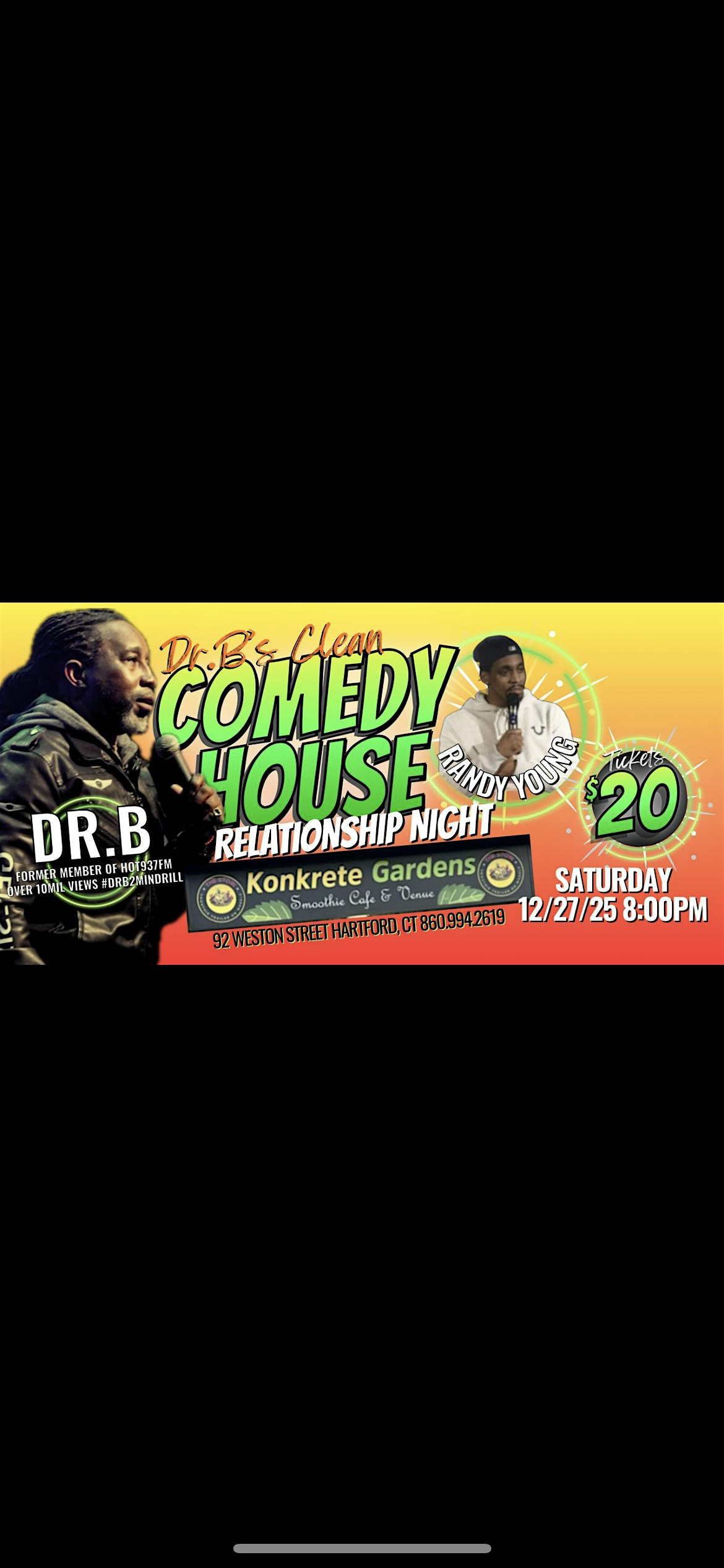 Dr. B’s Clean Comedy House at Konkrete Gardens Smoothie Cafe & Venue – Hartford, CT