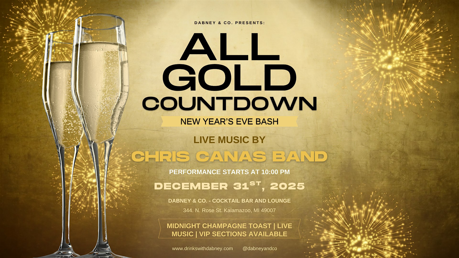 All Gold Countdown: New Year’s Eve Bash at Dabney & Co. – Cocktail Bar and Lounge – Kalamazoo, MI