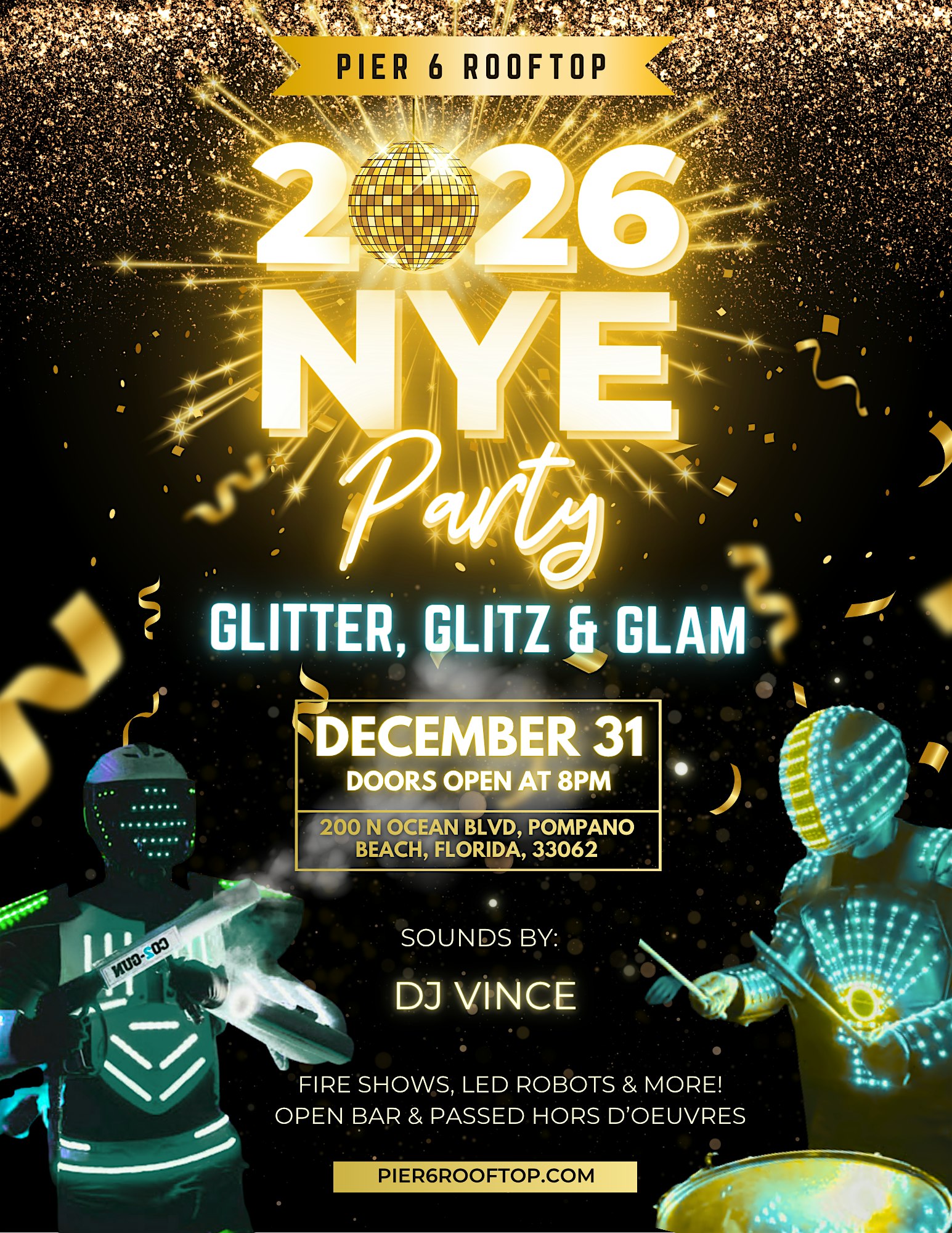 New Years Eve Rooftop Party – GLITTER, GLITZ & GLAM at Pier 6 Rooftop – Pompano Beach, FL