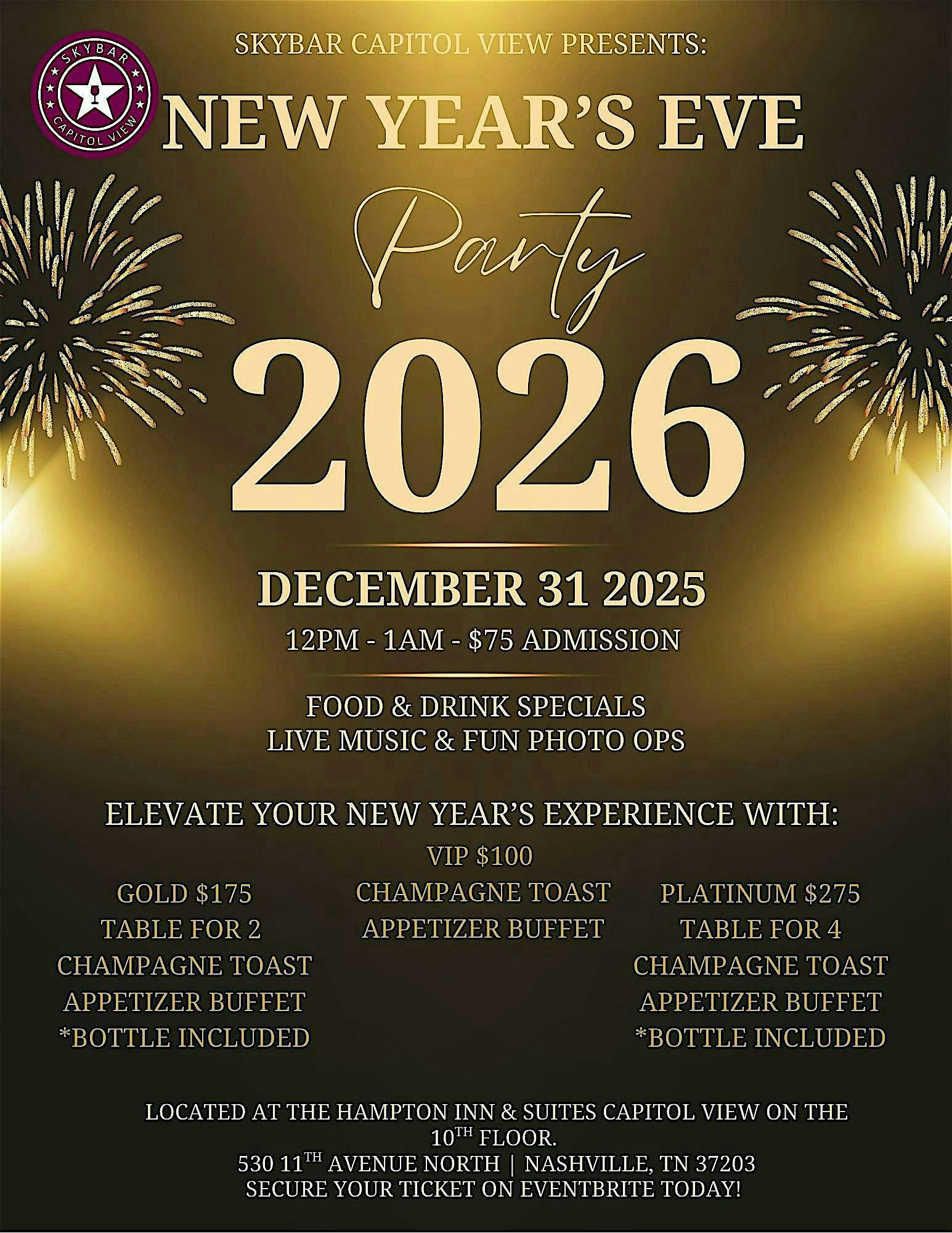 RoofTop New Years Eve Party at Hampton Inn & Suites Nashville Downtown Capitol View – Nashville, TN