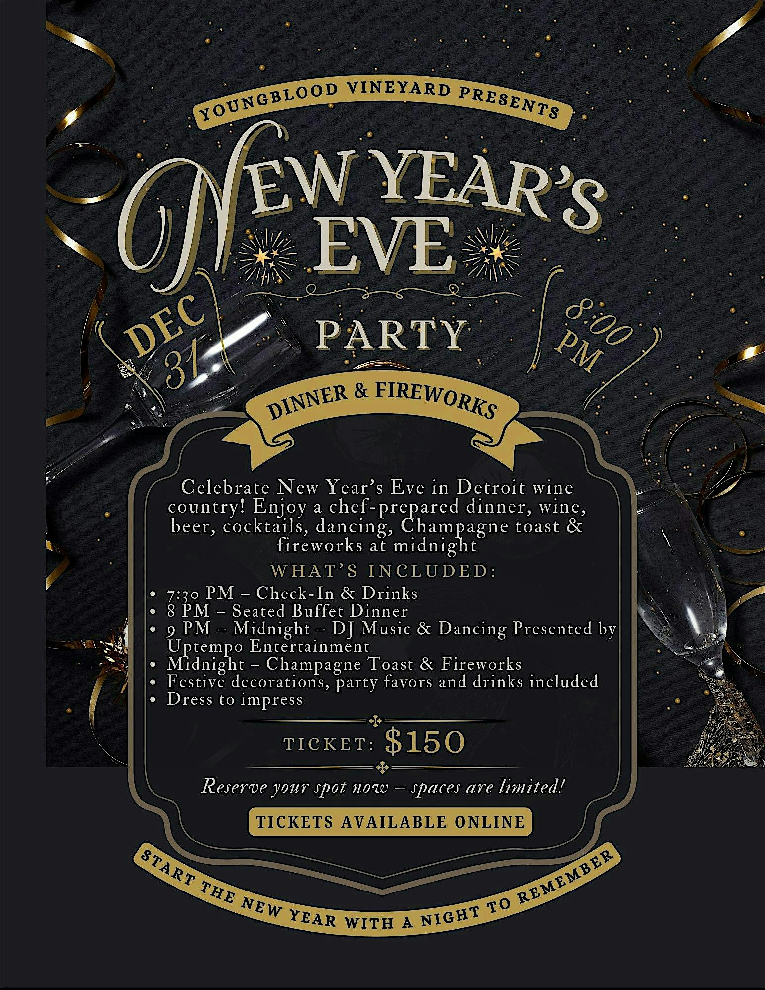 New Year’s Eve Party -Dinner, Drinks, Dancing & Fireworks Show at Youngblood Vineyard – Ray, MI