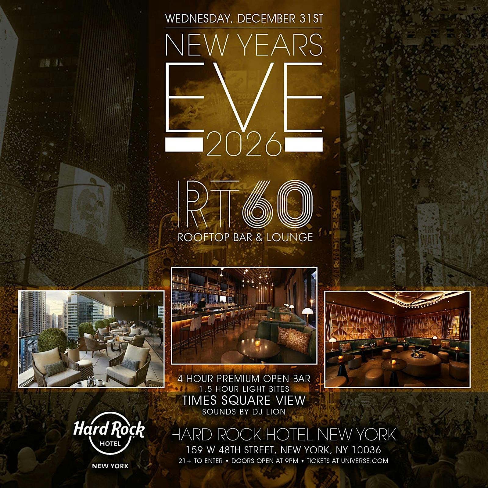 NEW YEARS EVE 2026 @ RT60 ROOFTOP AT THE HARD ROCK HOTEL TIMES SQUARE NYC at RT60 Rooftop Bar & Lounge – New York, NY