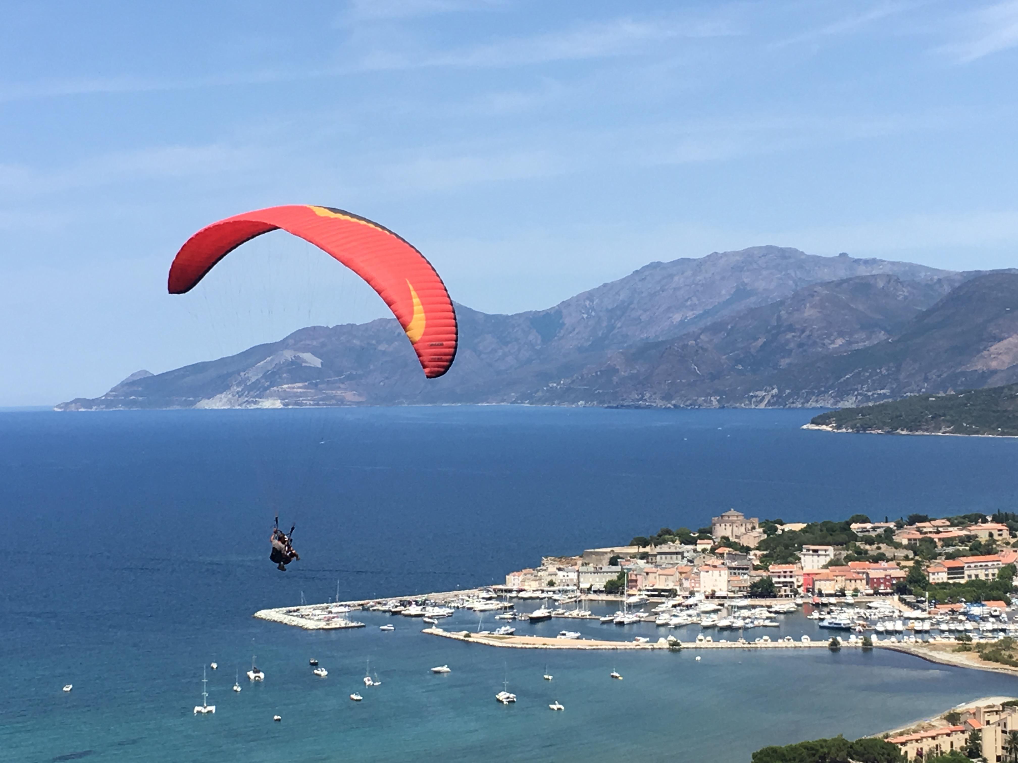First flight / Tandem paragliding flight in Saint Florent – Gulf of Saint Florent, Haute-Corse, France