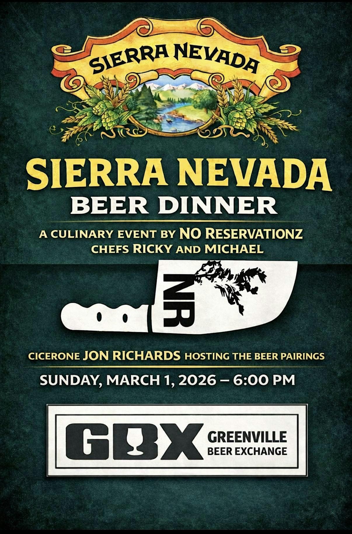 Sierra Nevada Beer Dinner with No Reservationz at Greenville Beer Exchange at Greenville Beer Exchange – Greenville, SC