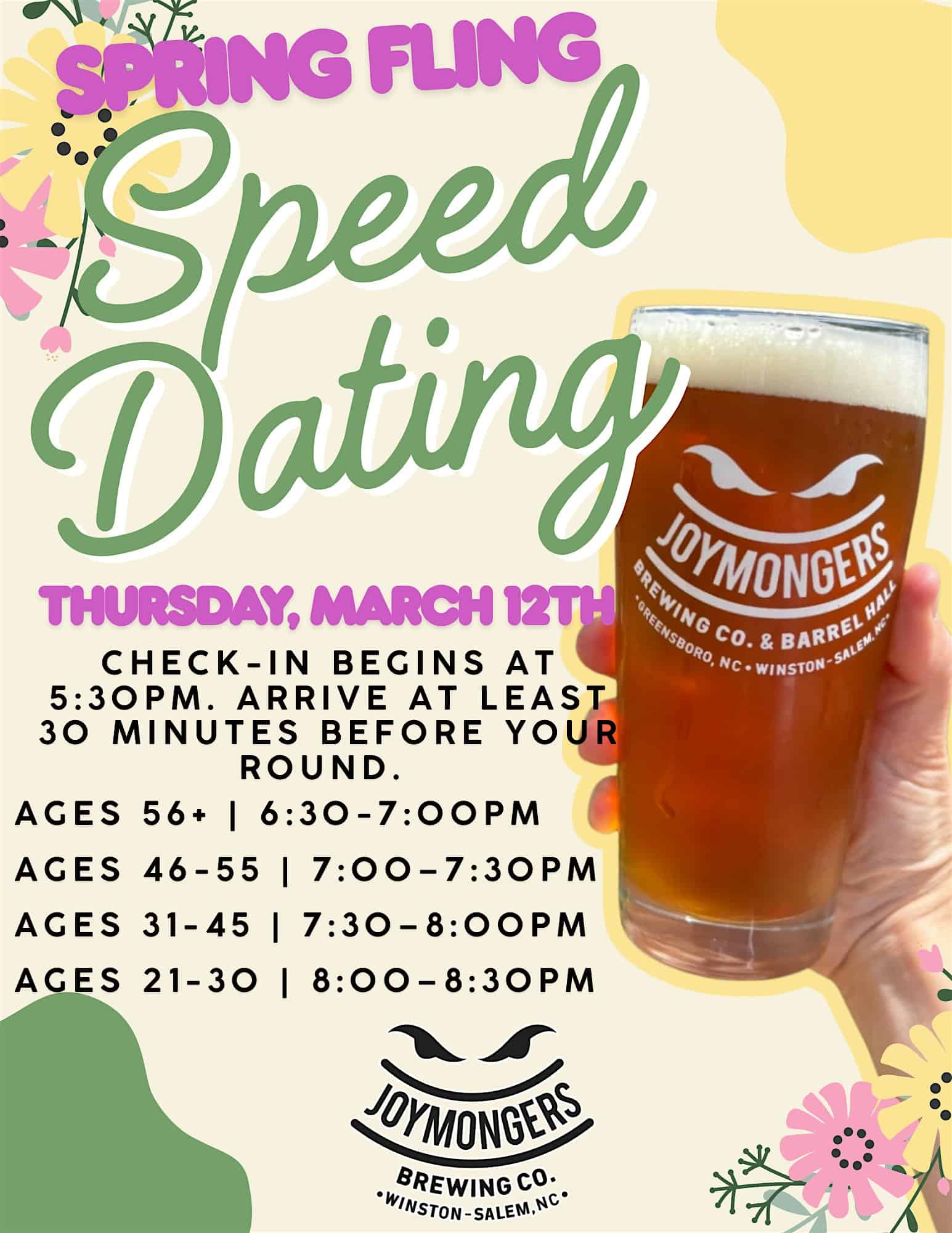 Spring Fling Speed Dating at Joymongers-Winston at Joymongers Barrel Hall, West End Boulevard, Winston-Salem, NC, USA – Winston-Salem, NC