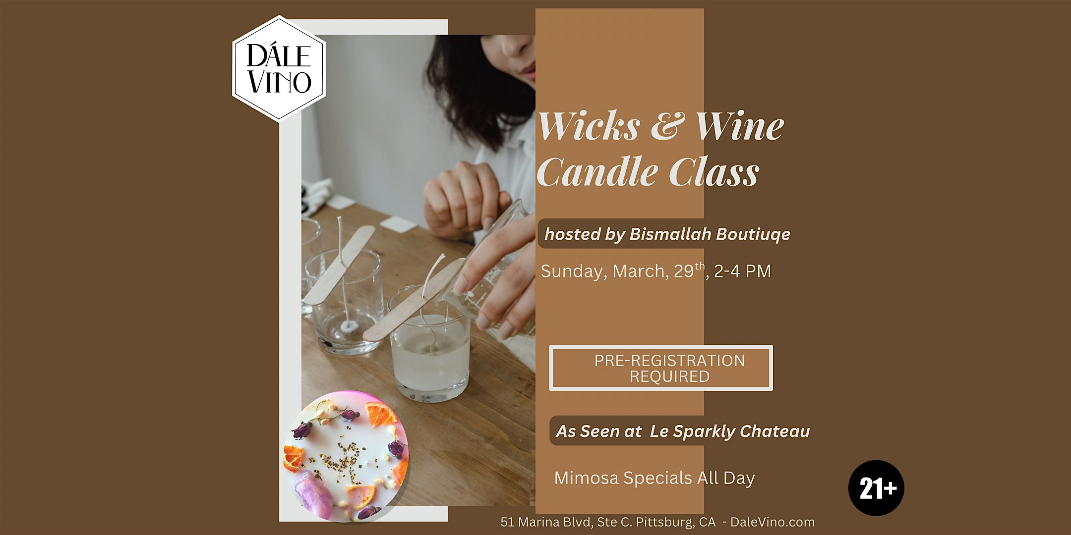 Wine & Wicks Candle Making Class with Bismallah Boutique at Dále Vino, Marina Boulevard Suite C, Pittsburg, CA, USA – Pittsburg, CA