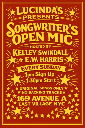 Sunday Songwriter’s Open Mic Every Week at Lucinda’s at Lucinda’s – New York, NY