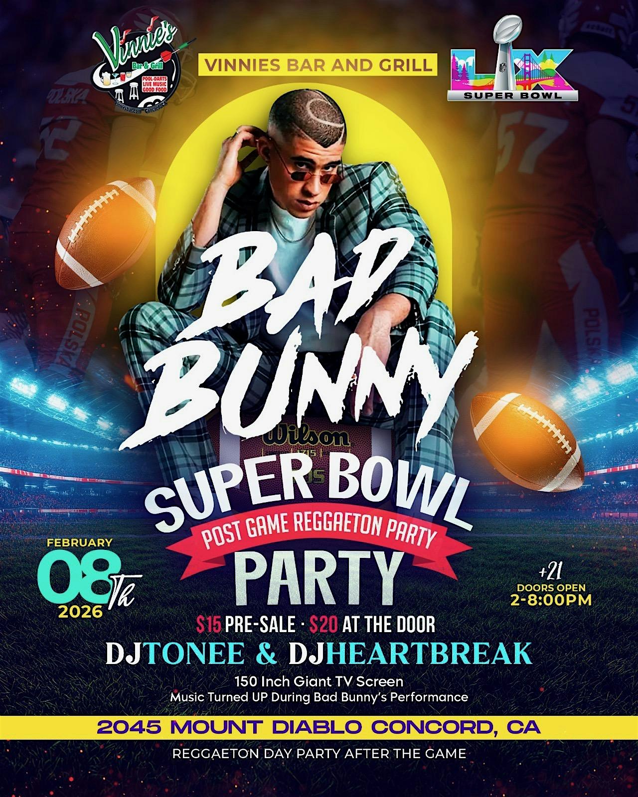 2026 Super Bowl Event: Super Bowl Sunday: Game Day to Reggaeton Night at Vinnie’s Bar & Grill – Concord, CA