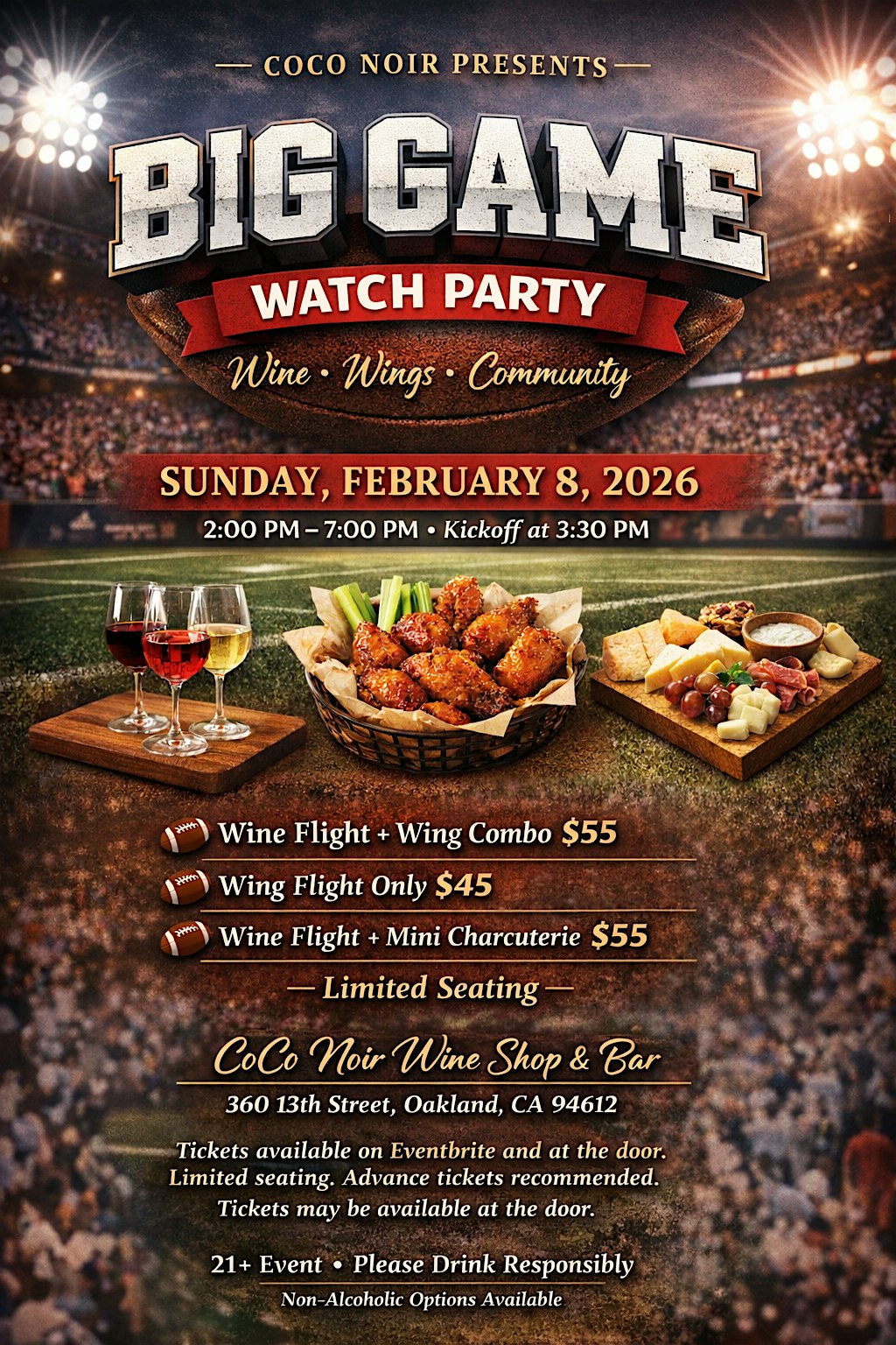 2026 Super Bowl Event: CoCo Noir Big Game Watch Party | Wine Flights, Wings & Community at CoCo Noir Wine Shop & Bar – Oakland, CA