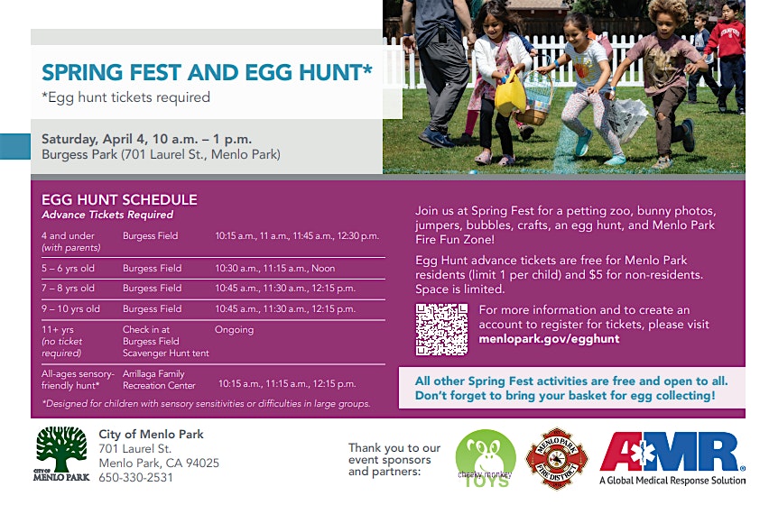 SPRING FEST AND EGG HUNT* at Burgess Park – Menlo Park, CA