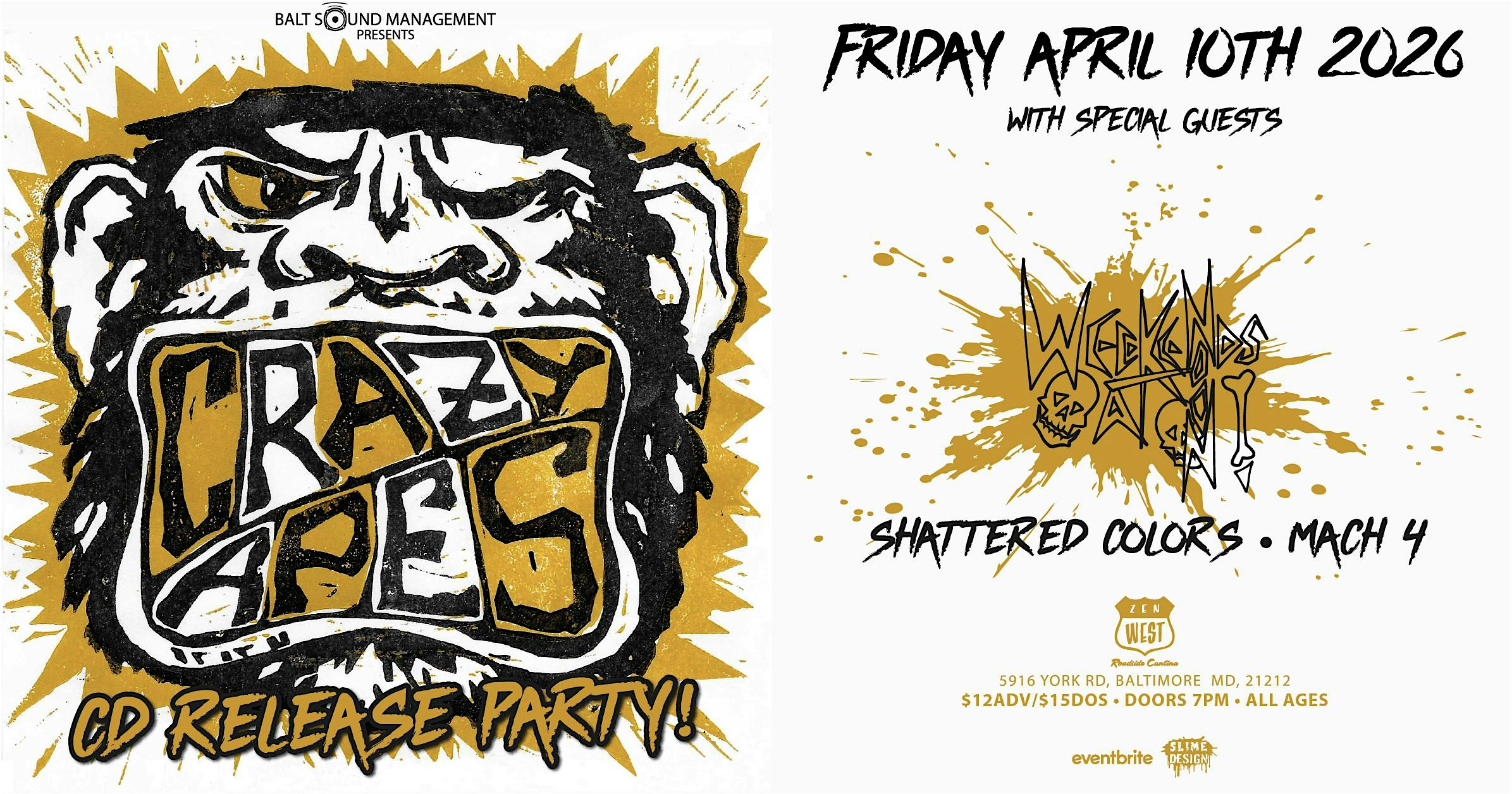 Crazy Apes (CD Release) with Weekends At Noon, Shattered, Colors, Mach 4 at Zen West, York Road, Baltimore, MD, USA – Baltimore, MD