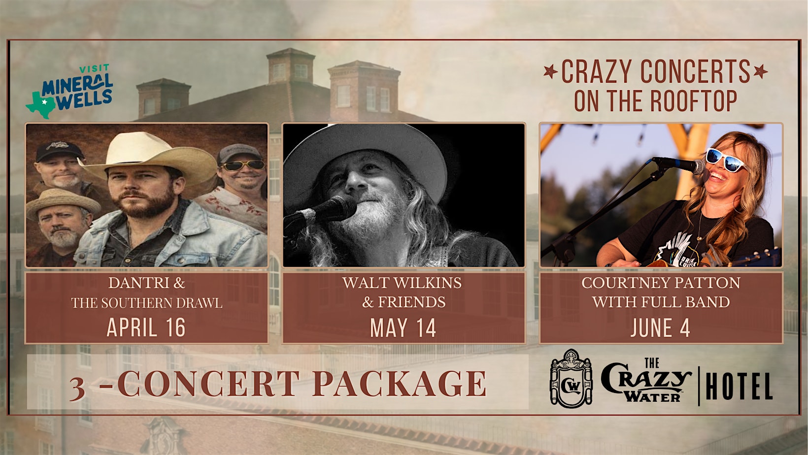 Crazy Concerts on the Rooftop Spring 2026 (3-Show Package) at The Crazy Water Hotel – Mineral Wells, TX