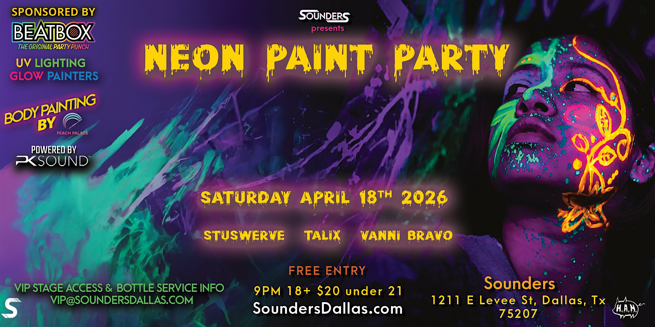 Neon Paint Party – 4/18 Dallas, TX at Sounders – Dallas, TX