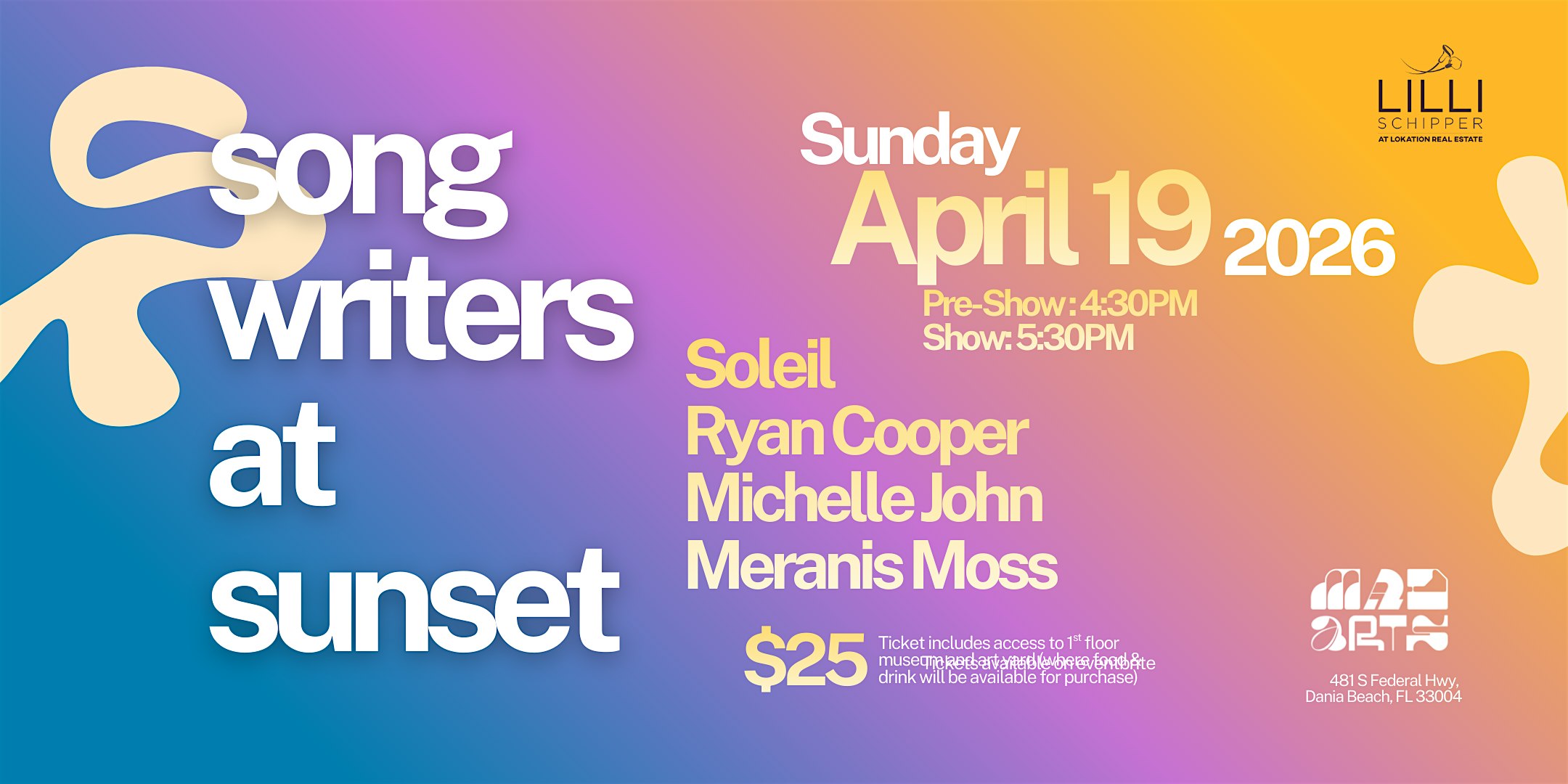 APRIL Songwriters at Sunset: A Night of Original Music in Dania Beach at MAD Arts – Dania Beach, FL