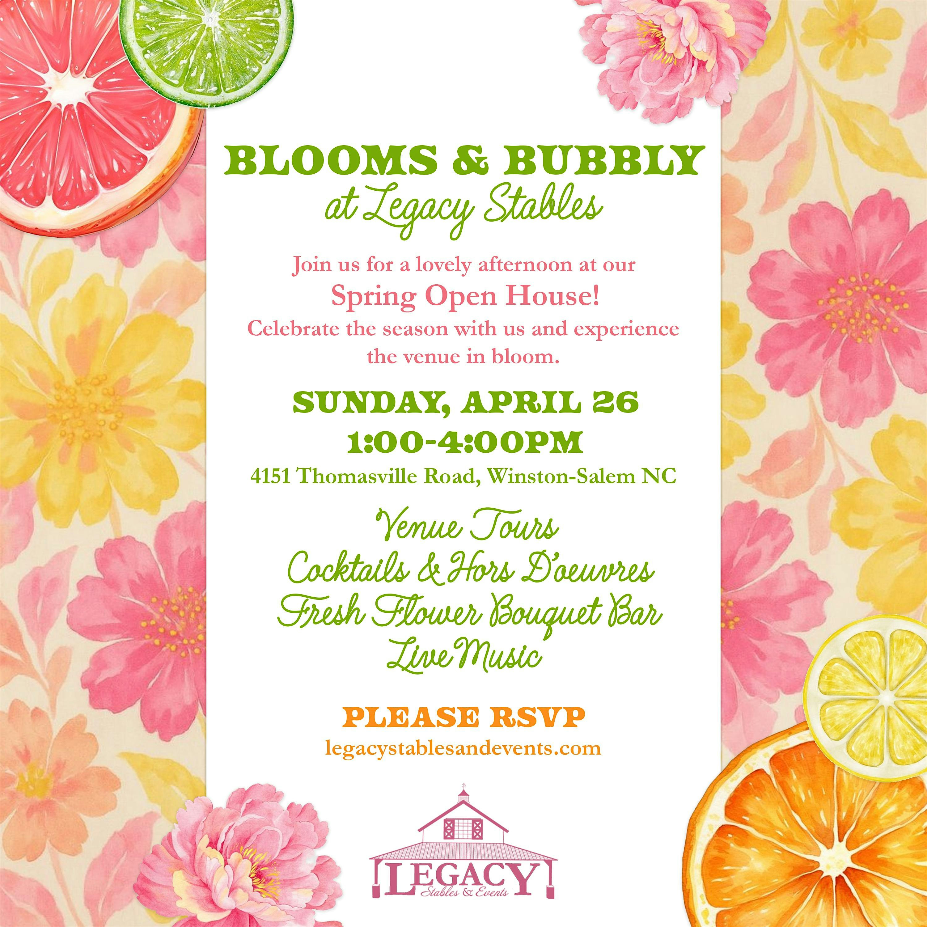 Blooms & Bubbly Spring Open House at Legacy Stables & Events – Winston-Salem, NC