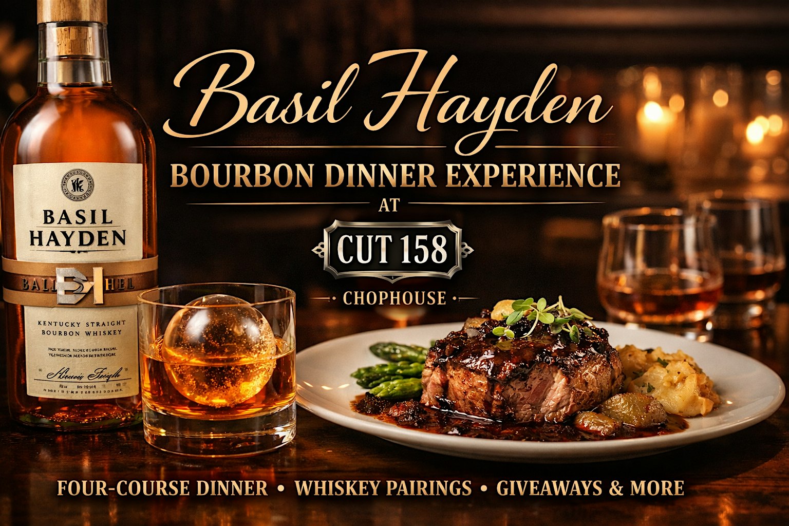 An Evening with Basil Hayden: A 5-Course Bourbon Pairing Dinner at Cut 158 at 110 N Chicago St – Joliet, IL